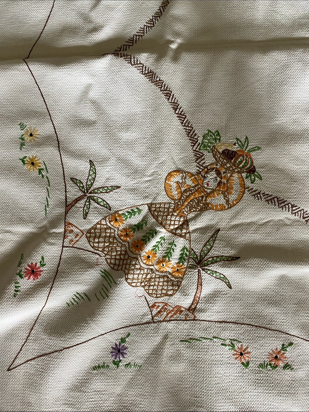 Vintage Embroidered Table Cloth with Latin American Figures and Flowers